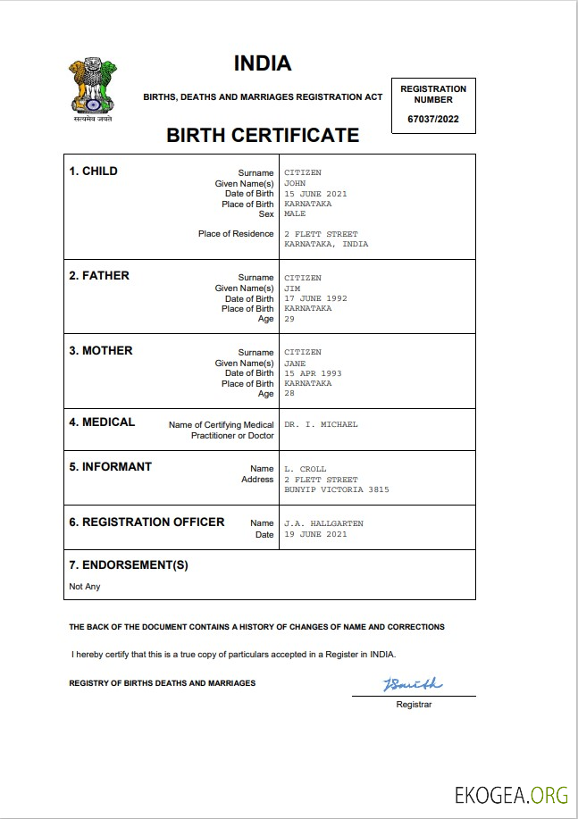 Modèle Word et PDF d'acte de naissance d'acte d'état civil en Inde,